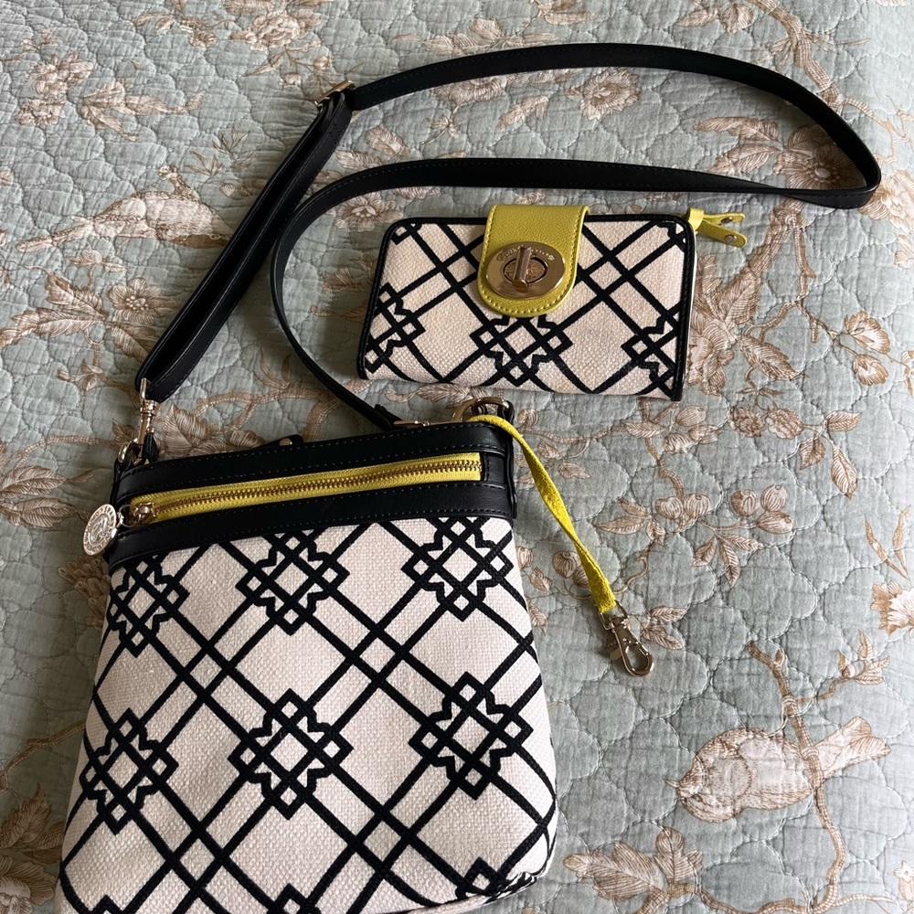 Spartina 449 Black and White Crossbody Bag with Yellow Highlights.